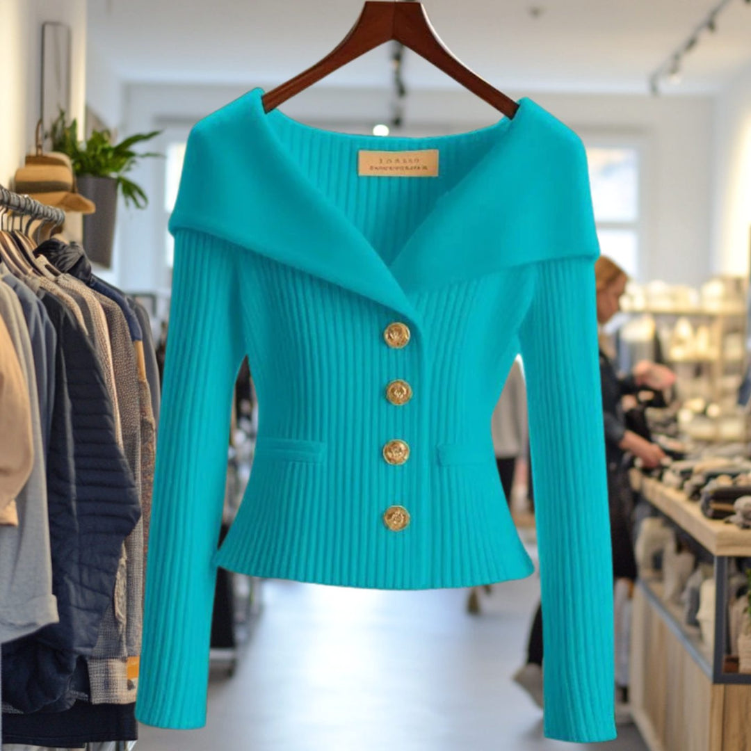 Damen Strickjacke Off-Shoulder figurbetonter Rippenstrick Goldknöpfe - Dunkelblau