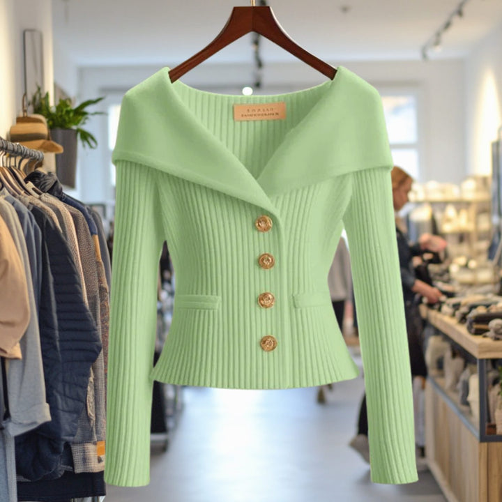 Damen Strickjacke Off-Shoulder figurbetonter Rippenstrick Goldknöpfe - Grün