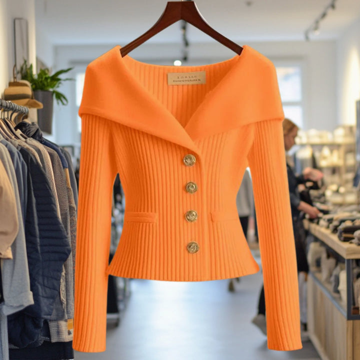 Damen Strickjacke Off-Shoulder figurbetonter Rippenstrick Goldknöpfe - Orange