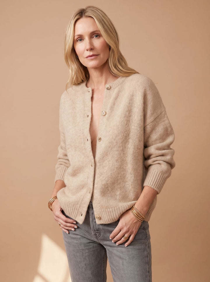 Damen Strickjacke Oversized Cardigan mit Knöpfen Rippkragen - Braun