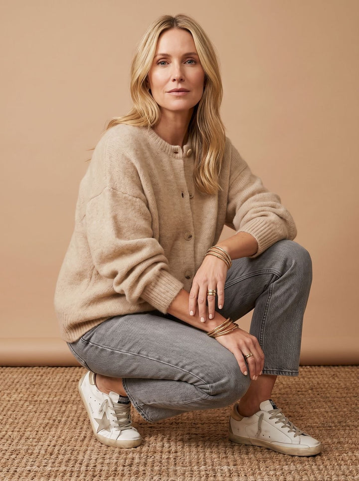 Damen Strickjacke Oversized Cardigan mit Knöpfen Rippkragen