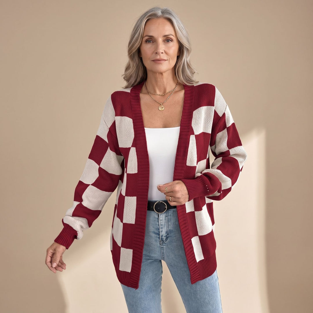 Damen Strickjacke Retro Karomuster Open-Front Puffärmel - Burgunderrot