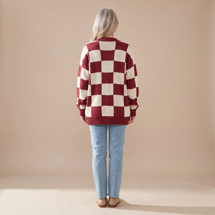 Damen Strickjacke Retro Karomuster Open-Front Puffärmel