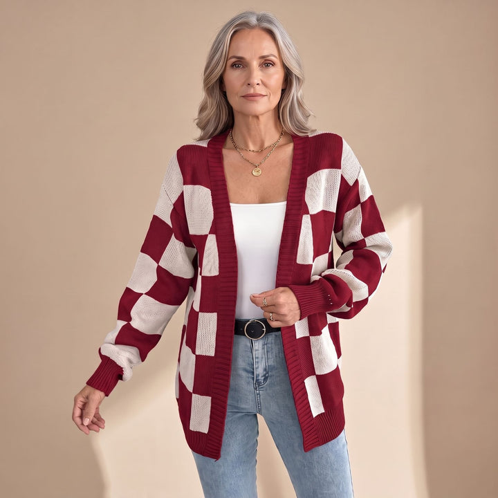 Damen Strickjacke Retro Karomuster Open-Front Puffärmel