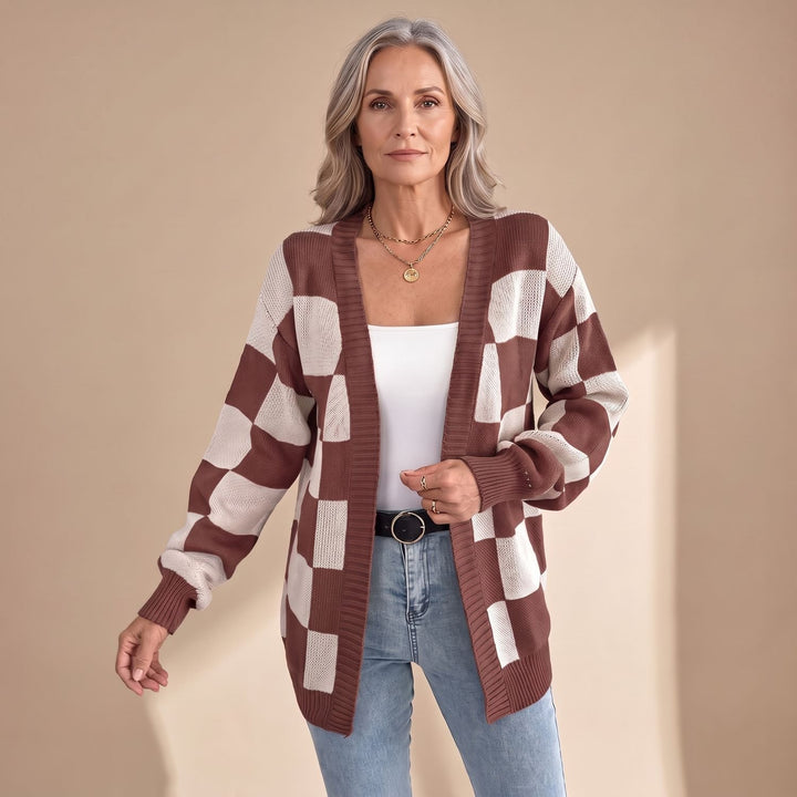 Damen Strickjacke Retro Karomuster Open-Front Puffärmel - Kaffeebraun
