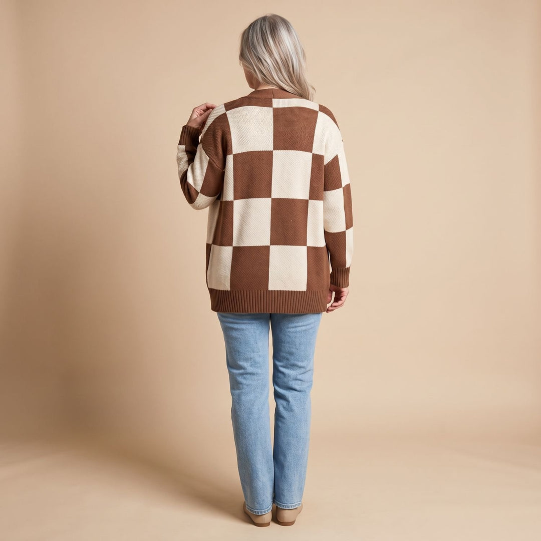 Damen Strickjacke Retro Karomuster Open-Front Puffärmel