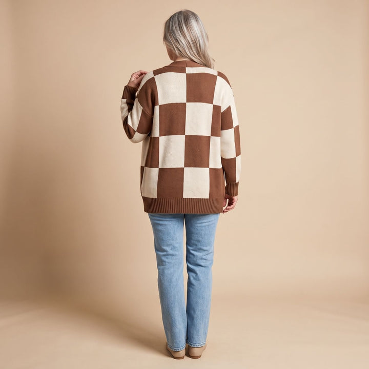 Damen Strickjacke Retro Karomuster Open-Front Puffärmel