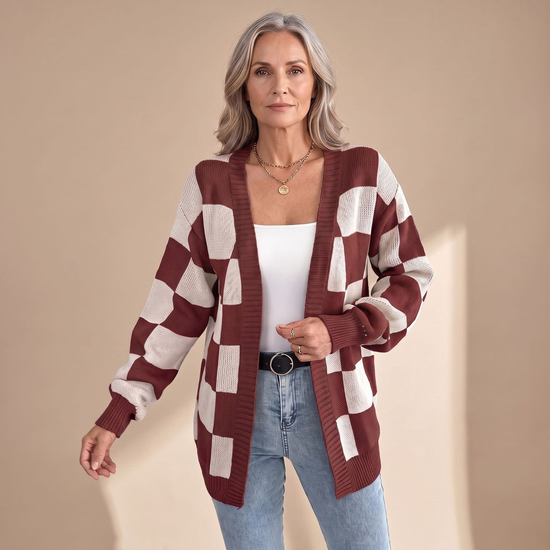 Damen Strickjacke Retro Karomuster Open-Front Puffärmel