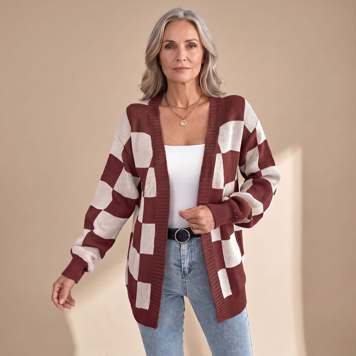 Damen Strickjacke Retro Karomuster Open-Front Puffärmel