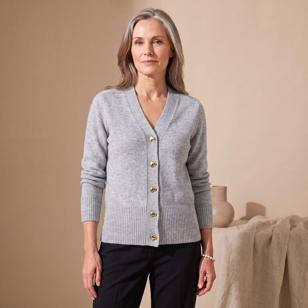 Damen Strickjacke V-Ausschnitt Herz-Knöpfe Langarm Cardigan - Grau
