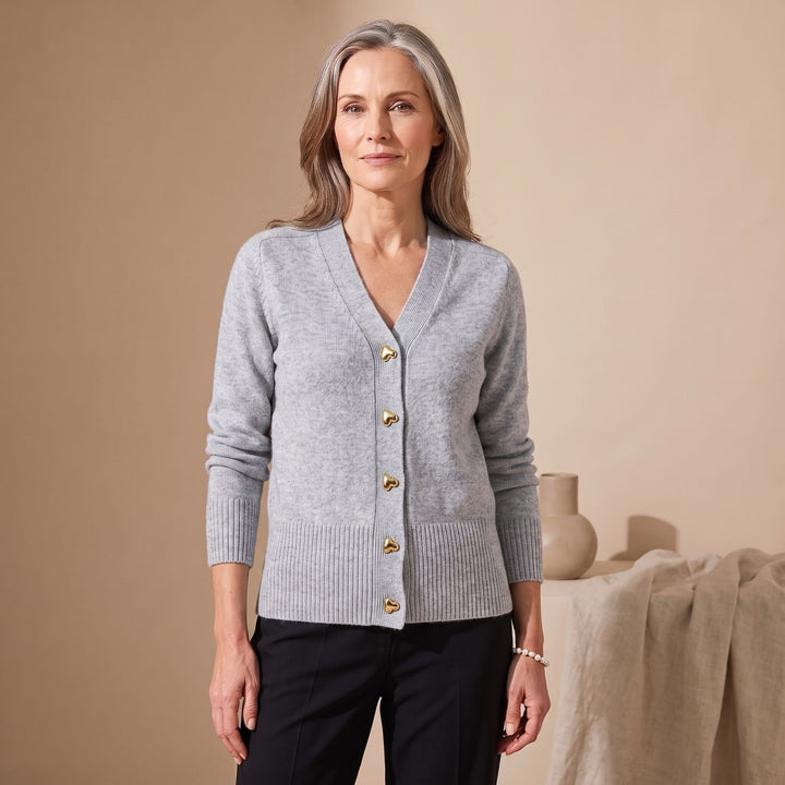 Damen Strickjacke V-Ausschnitt Herz-Knöpfe Langarm Cardigan - Grau