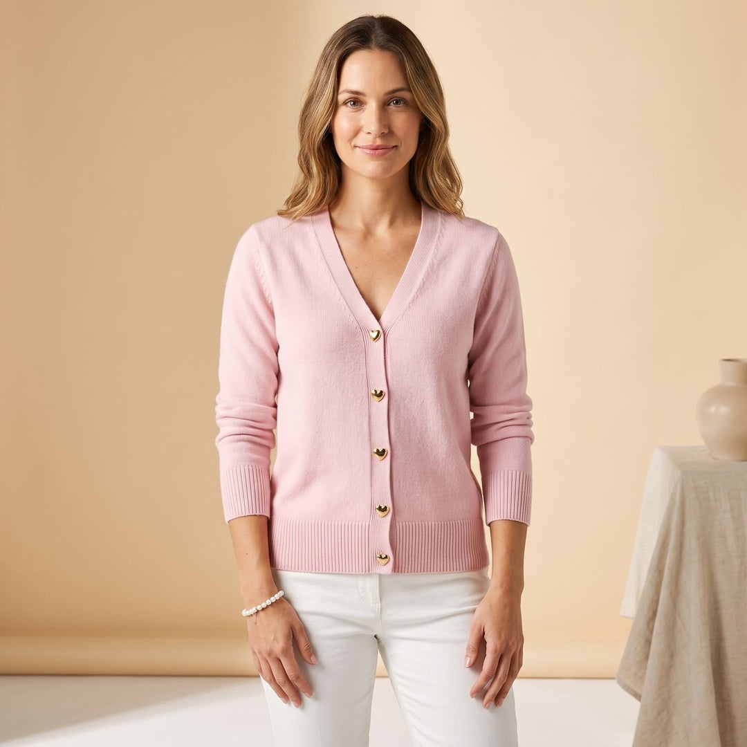 Damen Strickjacke V-Ausschnitt Herz-Knöpfe Langarm Cardigan - Rosa