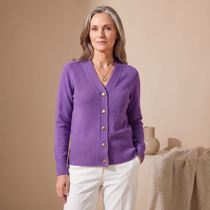 Damen Strickjacke V-Ausschnitt Herz-Knöpfe Langarm Cardigan - Violett