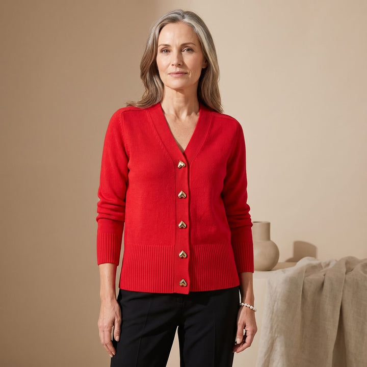 Damen Strickjacke V-Ausschnitt Herz-Knöpfe Langarm Cardigan - Rot