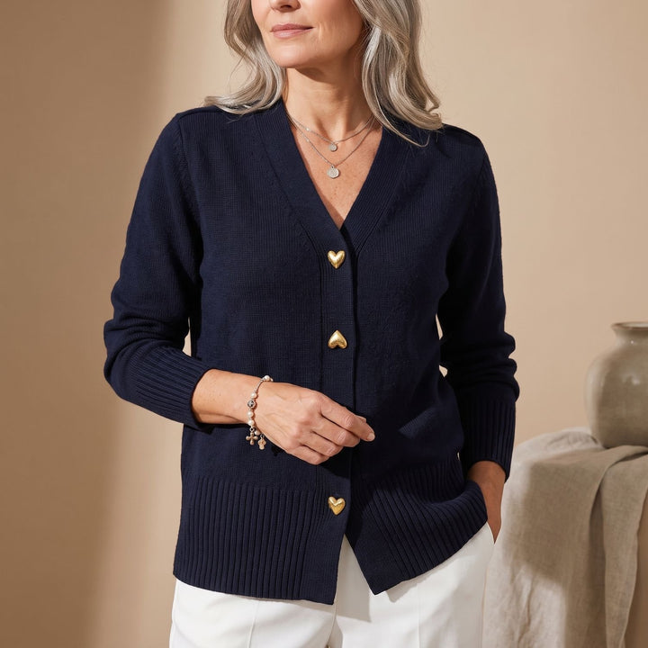 Damen Strickjacke V-Ausschnitt Herz-Knöpfe Langarm Cardigan - Schwarz