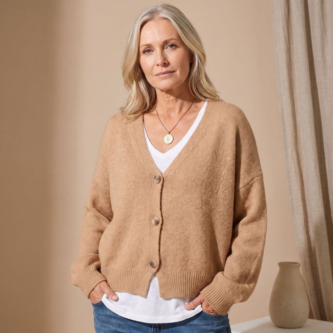 Damen Strickjacke V-Ausschnitt Knopfleiste Oversized Cardigan - Khaki