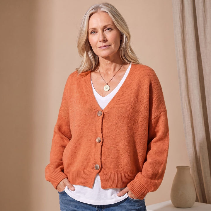 Damen Strickjacke V-Ausschnitt Knopfleiste Oversized Cardigan - Orange
