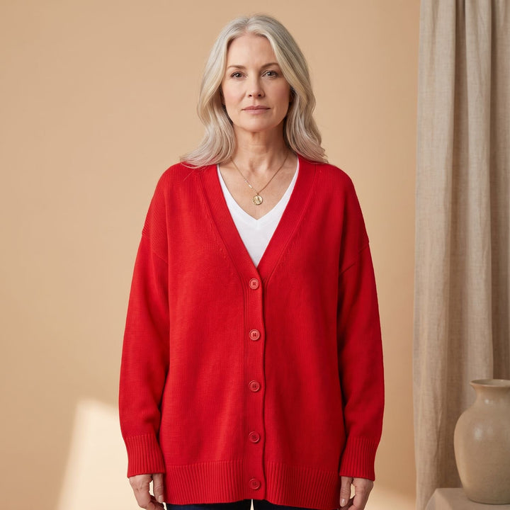 Damen Strickjacke V-Ausschnitt Knopfleiste Oversized Cardigan - Rot