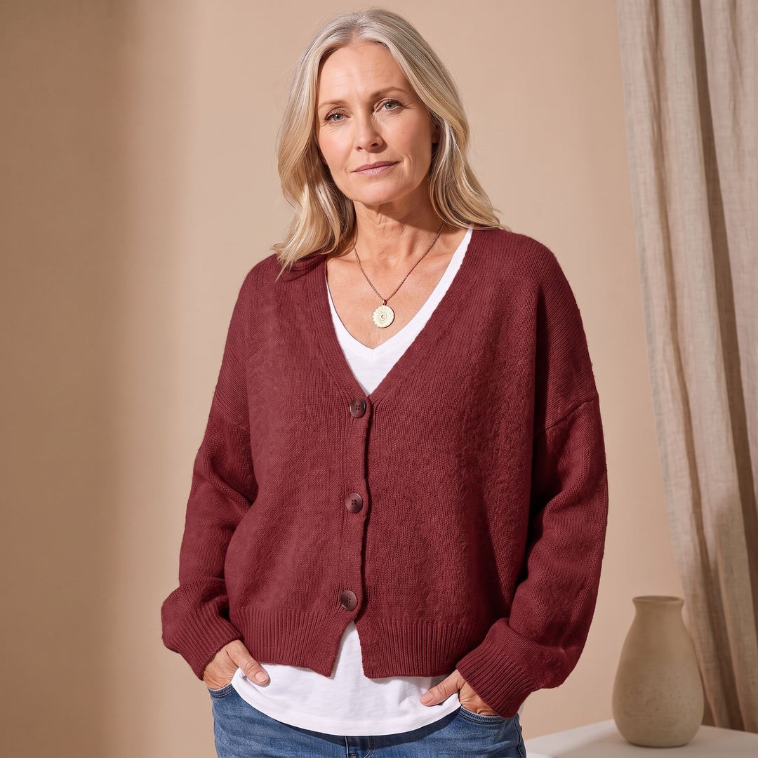 Damen Strickjacke V-Ausschnitt Knopfleiste Oversized Cardigan - Burgunderrot