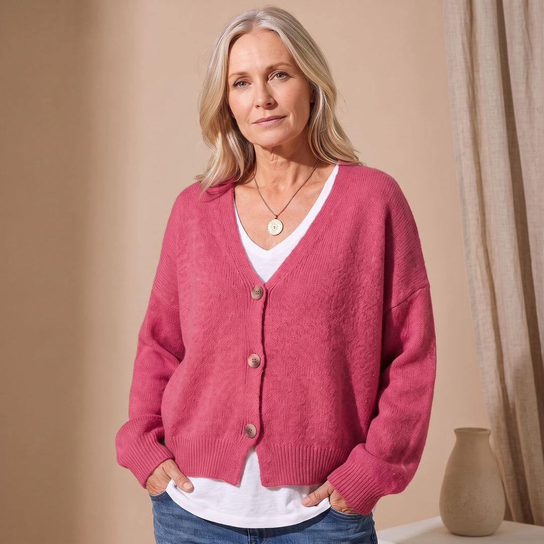 Damen Strickjacke V-Ausschnitt Knopfleiste Oversized Cardigan - Rosa