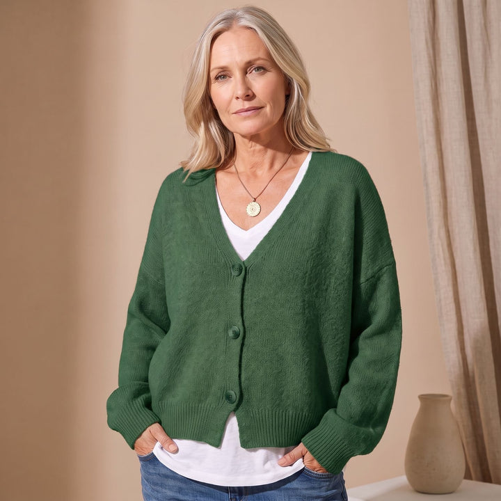 Damen Strickjacke V-Ausschnitt Knopfleiste Oversized Cardigan - Dunkelgrün
