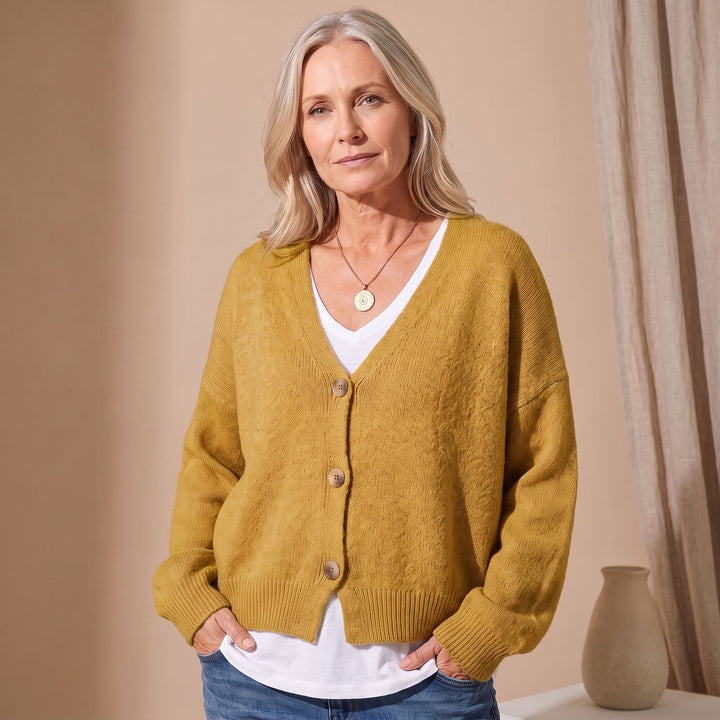 Damen Strickjacke V-Ausschnitt Knopfleiste Oversized Cardigan - Senfgelb