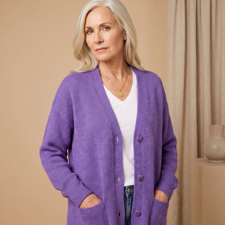Damen Strickjacke V-Ausschnitt Knopfleiste Oversized Cardigan - Lila