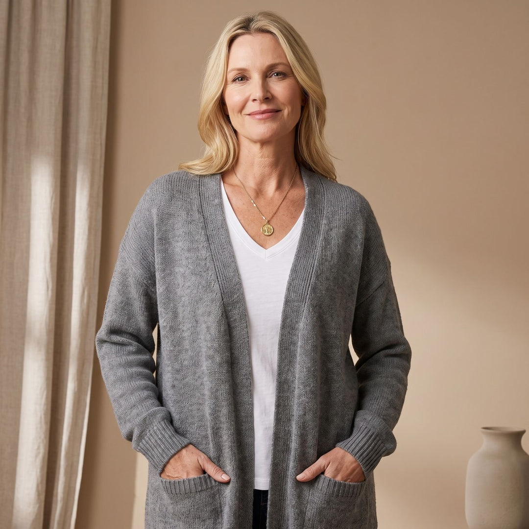Damen Strickjacke V-Ausschnitt Knopfleiste Oversized Cardigan - Grau
