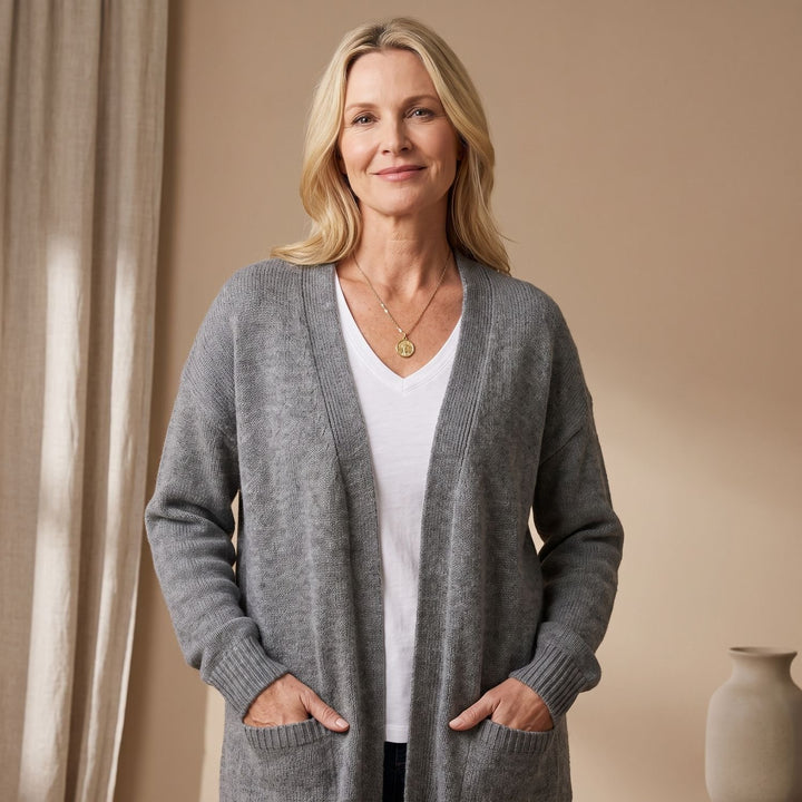 Damen Strickjacke V-Ausschnitt Knopfleiste Oversized Cardigan - Grau