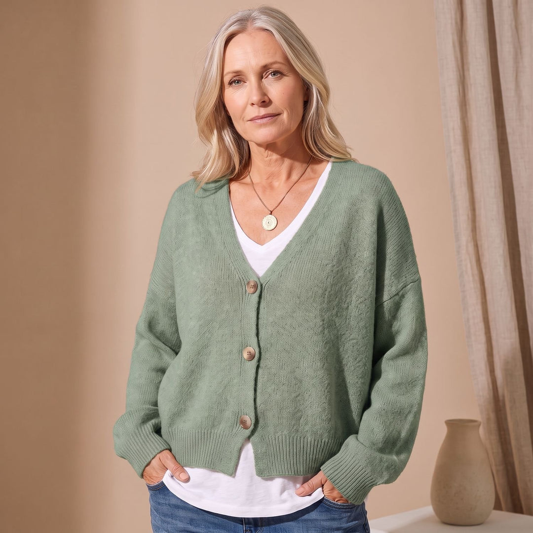 Damen Strickjacke V-Ausschnitt Knopfleiste Oversized Cardigan - Salbeigrün