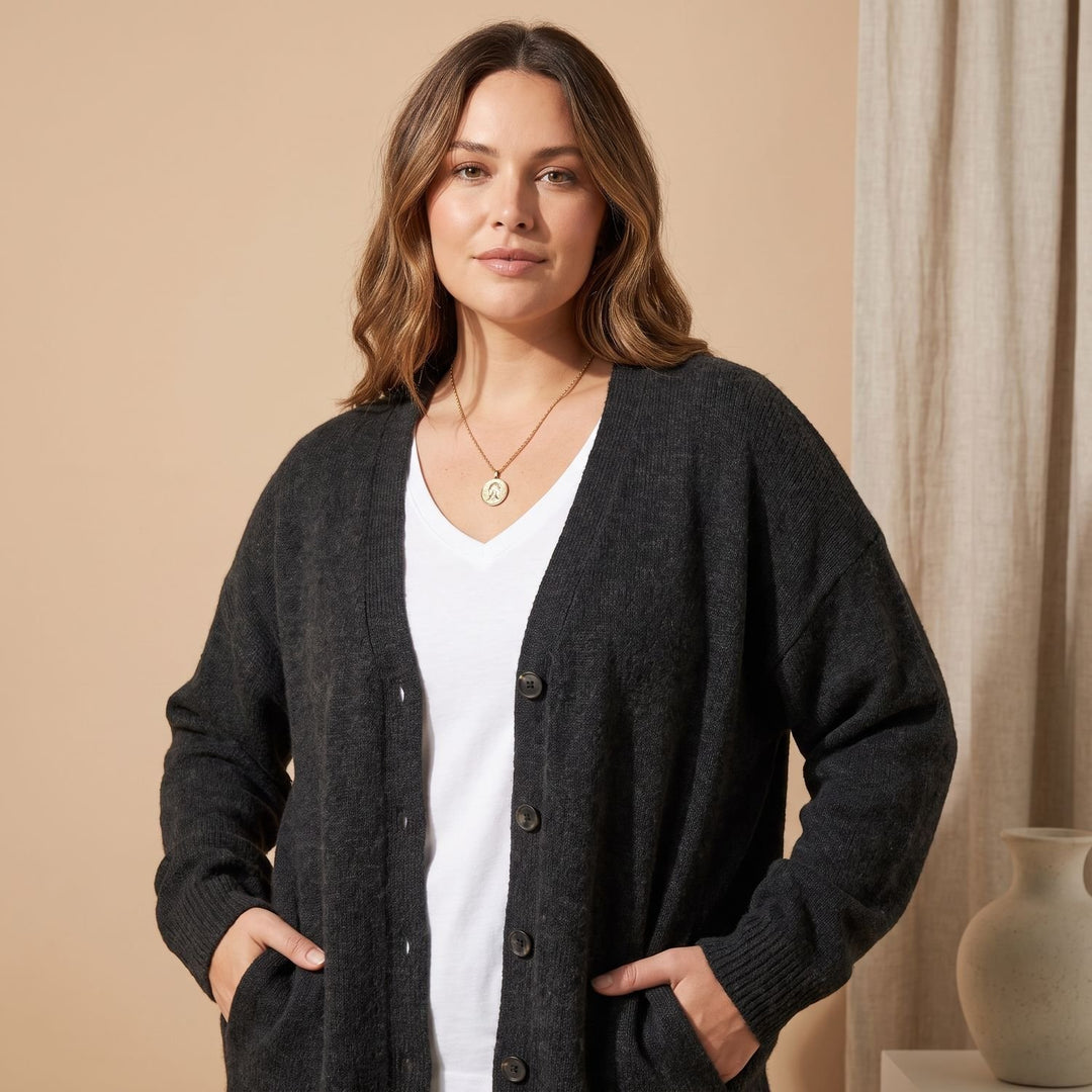 Damen Strickjacke V-Ausschnitt Knopfleiste Oversized Cardigan - Schwarz