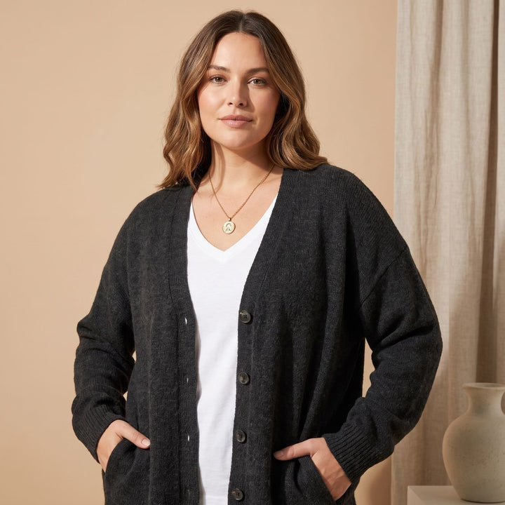 Damen Strickjacke V-Ausschnitt Knopfleiste Oversized Cardigan - Schwarz