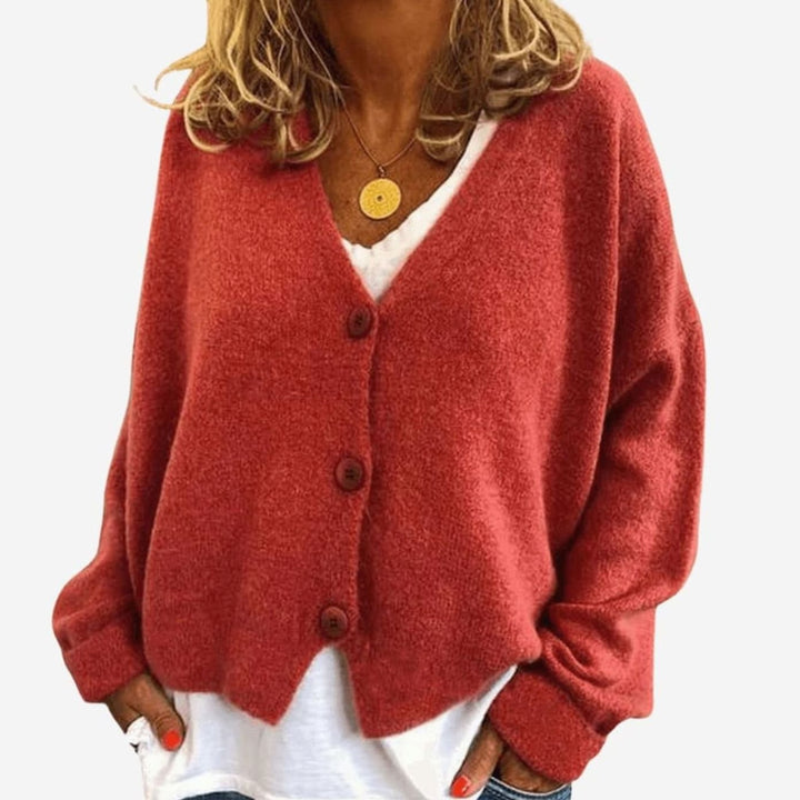Damen Strickjacke V-Ausschnitt Knopfleiste Oversized Cardigan - Rostbraun