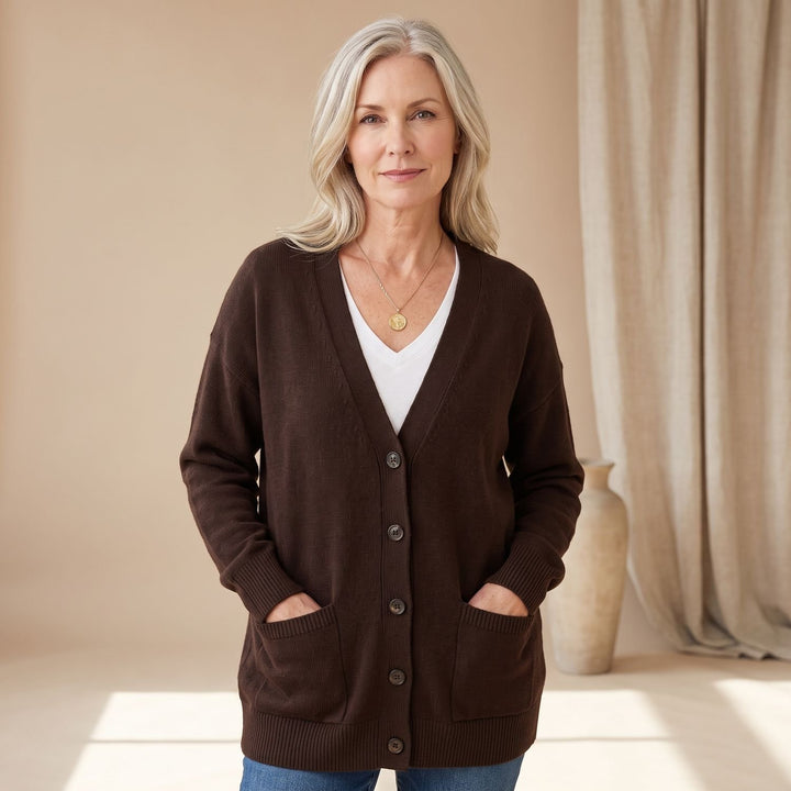 Damen Strickjacke V-Ausschnitt Knopfleiste Oversized Cardigan - Braun