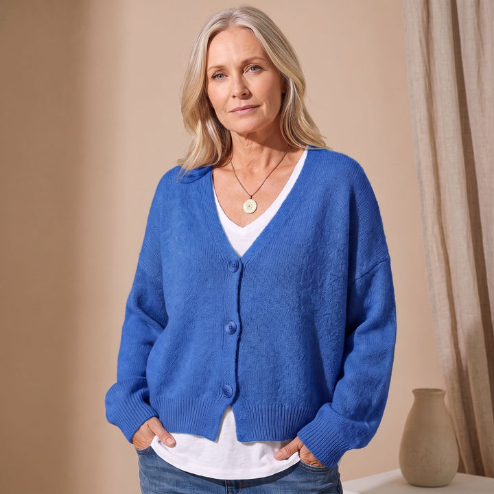 Damen Strickjacke V-Ausschnitt Knopfleiste Oversized Cardigan - Blau