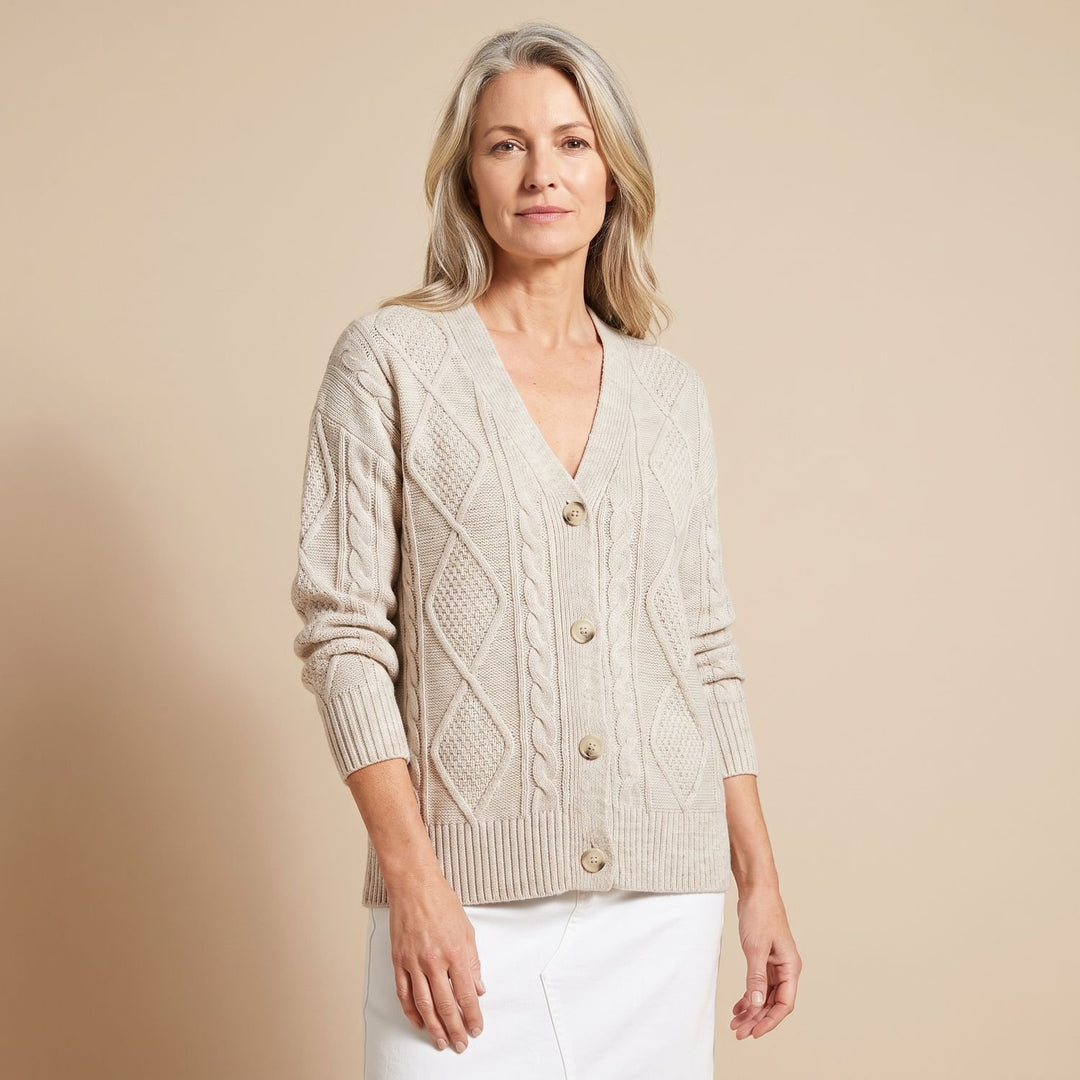 Damen Strickjacke V-Ausschnitt Knopfleiste Rautenmuster Langarm - Grau