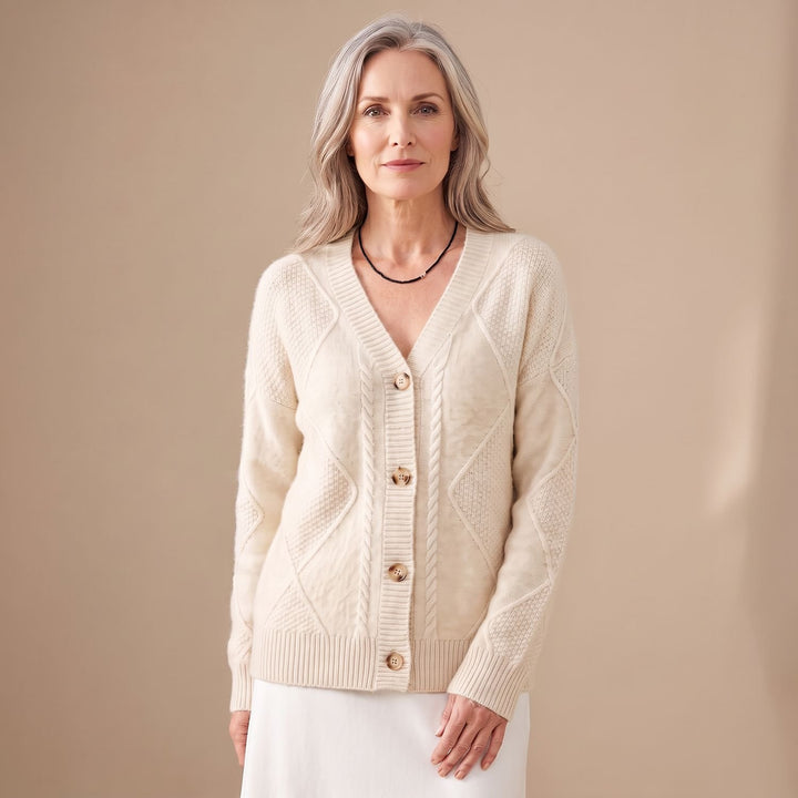 Damen Strickjacke V-Ausschnitt Knopfleiste Rautenmuster Langarm - Beige