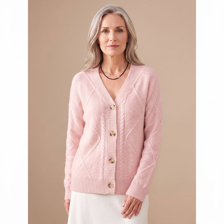 Damen Strickjacke V-Ausschnitt Knopfleiste Rautenmuster Langarm