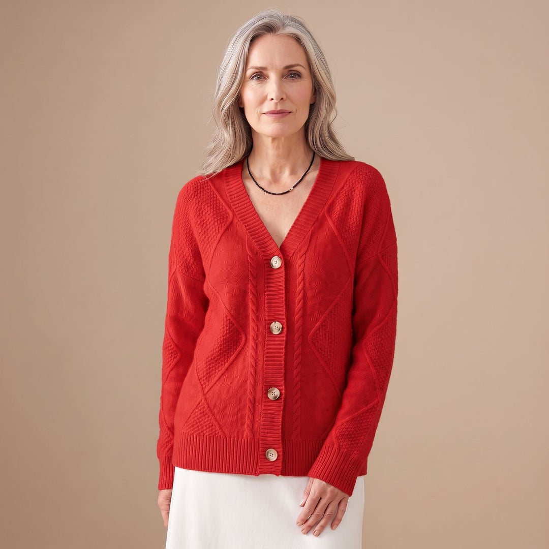 Damen Strickjacke V-Ausschnitt Knopfleiste Rautenmuster Langarm - Rot