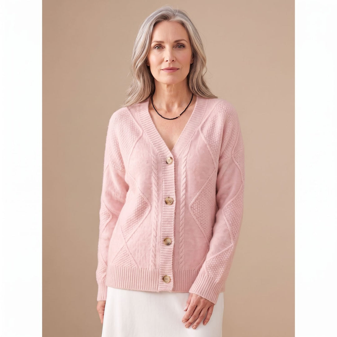 Damen Strickjacke V-Ausschnitt Knopfleiste Rautenmuster Langarm - Rosa