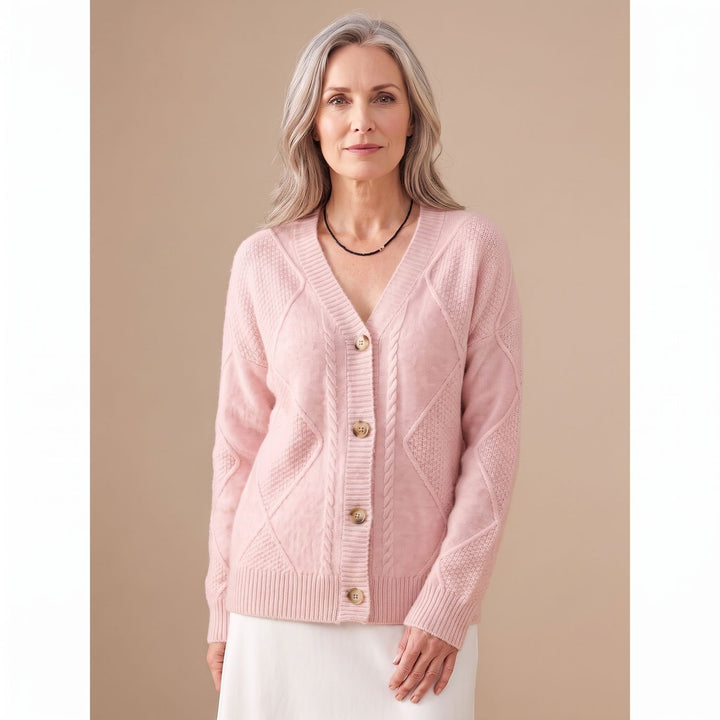 Damen Strickjacke V-Ausschnitt Knopfleiste Rautenmuster Langarm - Rosa