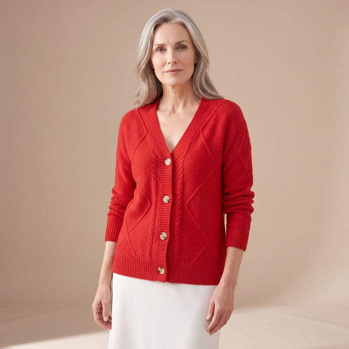 Damen Strickjacke V-Ausschnitt Knopfleiste Rautenmuster Langarm