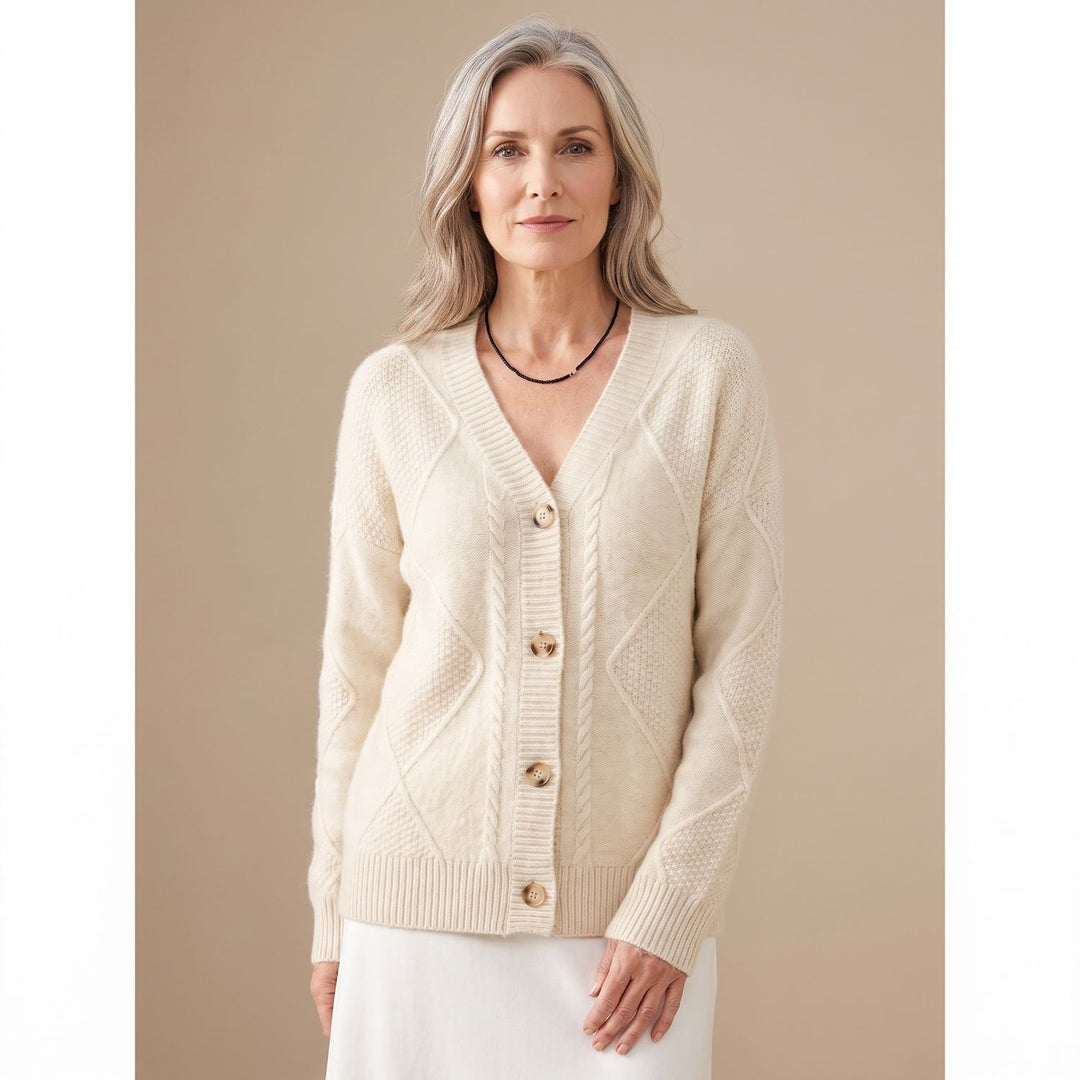 Damen Strickjacke V-Ausschnitt Knopfleiste Rautenmuster Langarm