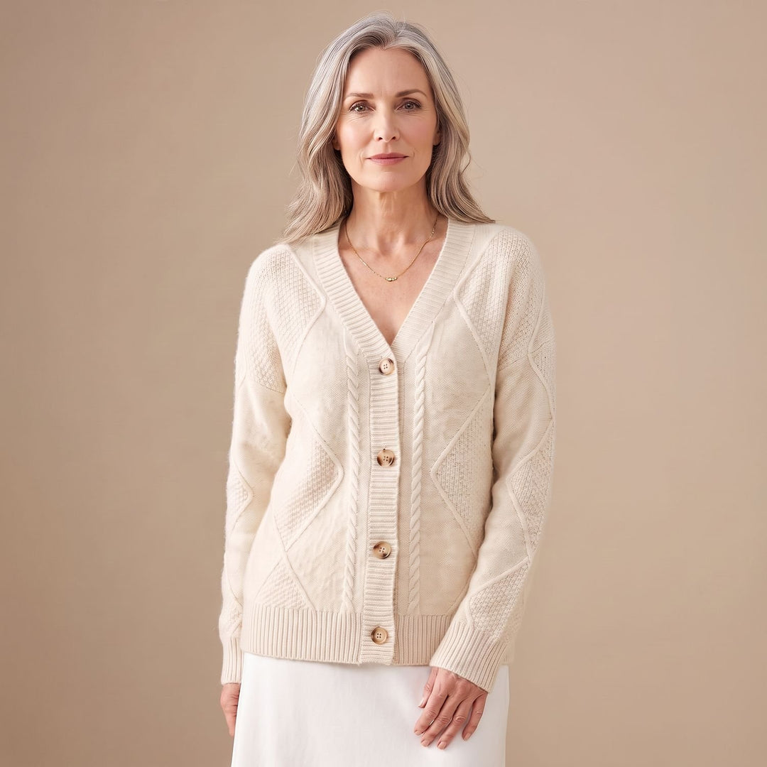 Damen Strickjacke V-Ausschnitt Knopfleiste Rautenmuster Langarm