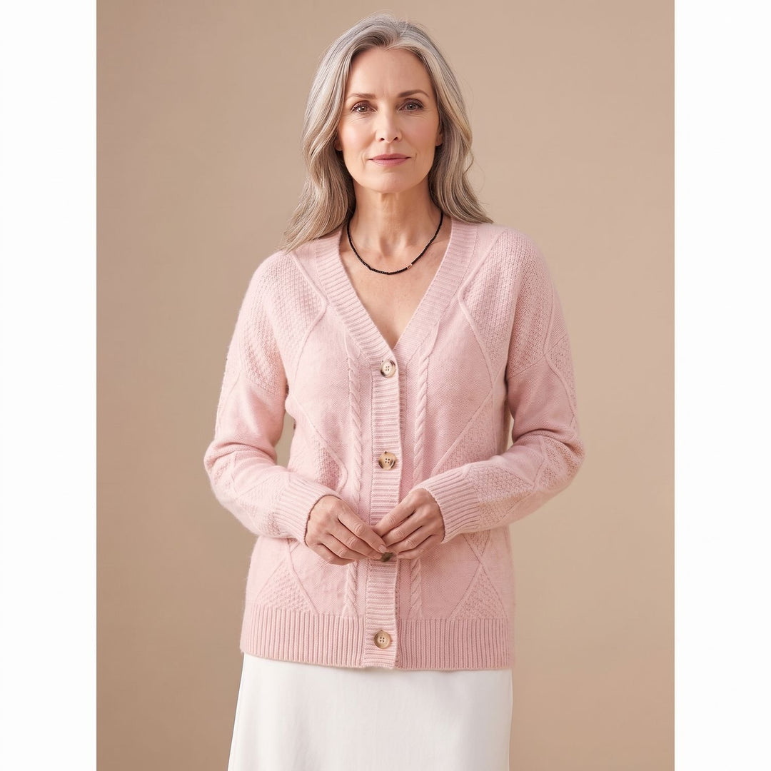 Damen Strickjacke V-Ausschnitt Knopfleiste Rautenmuster Langarm