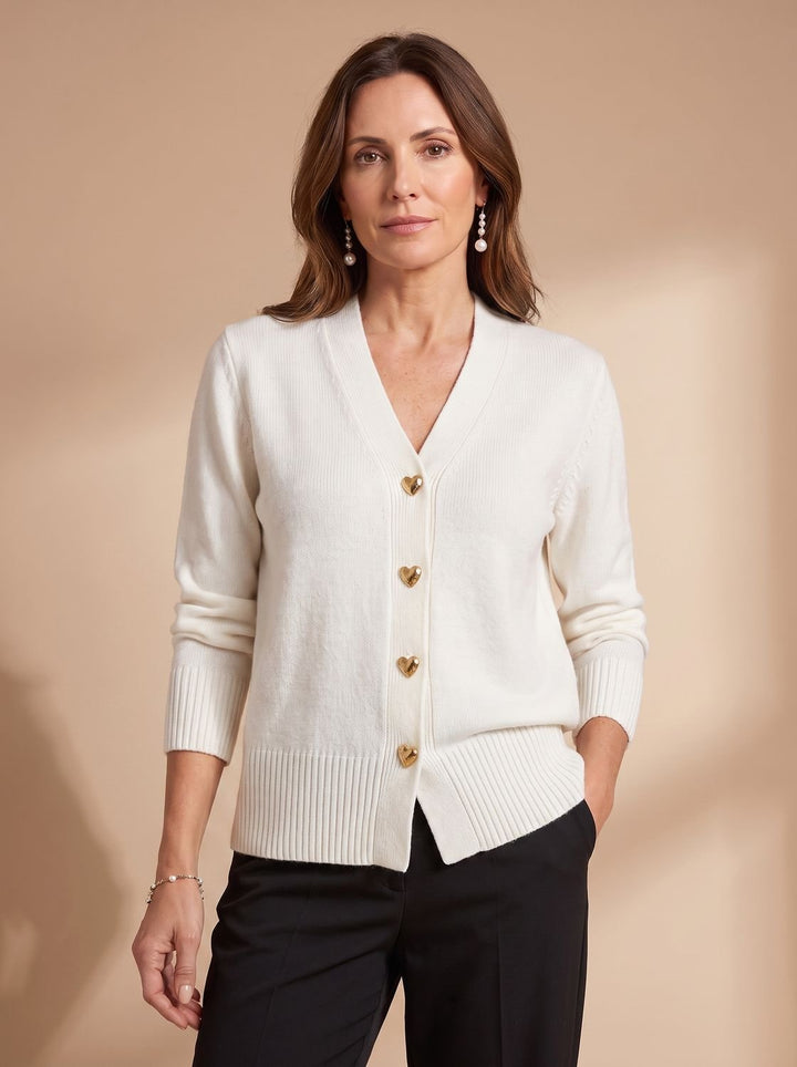 Damen Strickjacke V-Ausschnitt Langarm Cardigan Goldene Herz-Knöpfe