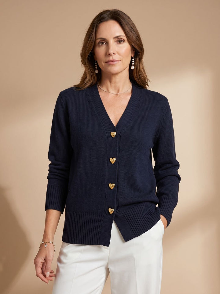 Damen Strickjacke V-Ausschnitt Langarm Cardigan Goldene Herz-Knöpfe - Schwarz