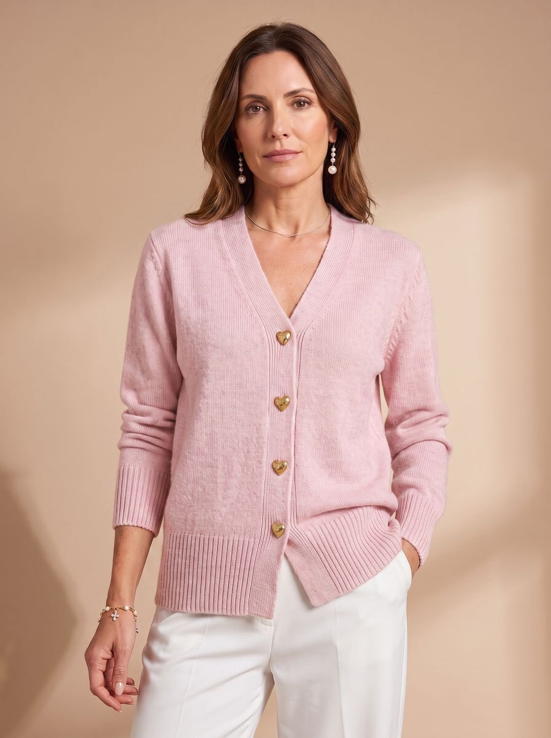Damen Strickjacke V-Ausschnitt Langarm Cardigan Goldene Herz-Knöpfe - Rosa