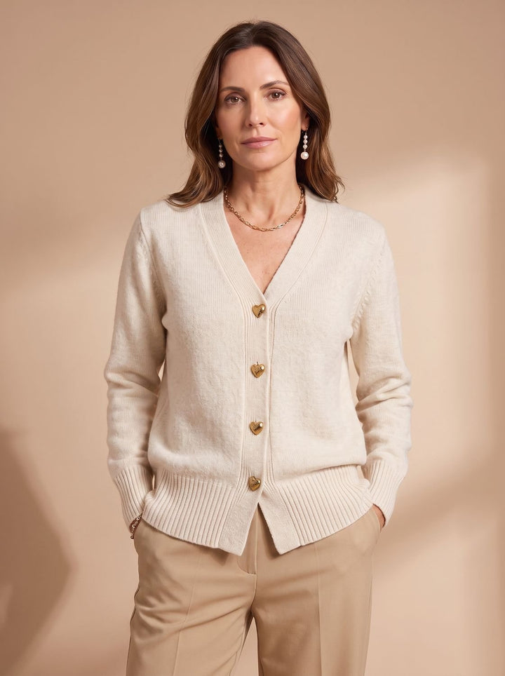 Damen Strickjacke V-Ausschnitt Langarm Cardigan Goldene Herz-Knöpfe - Aprikose