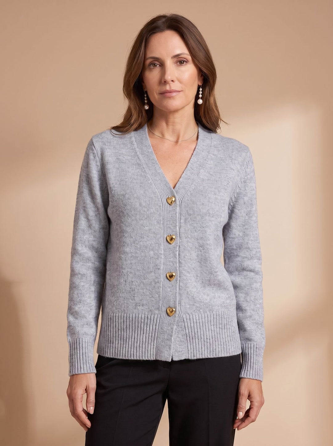 Damen Strickjacke V-Ausschnitt Langarm Cardigan Goldene Herz-Knöpfe - Grau